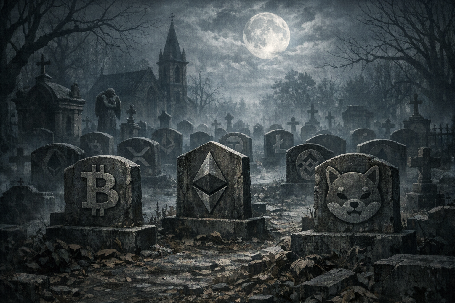 Graveyard of crypto dreams with digital tombstones